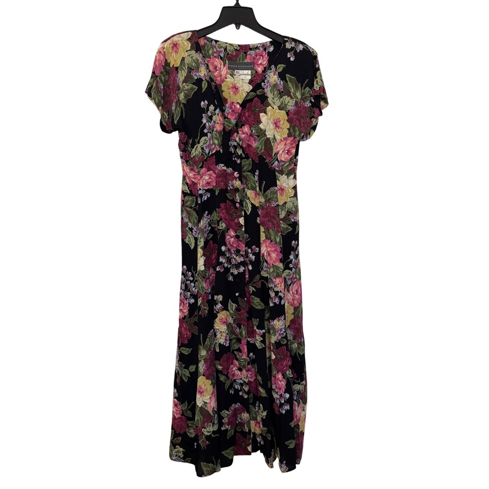 Karen Alexander Vintage Floral Maxi Dress Black Pink Rayon 90s Made in USA 4